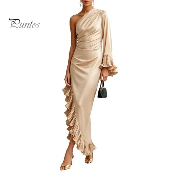 Soft Fabric Dress Women's One Shoulder Asymmetric Ruffle Satin Dress, Formal Everyday Wear Evening Party Gown, Long Sleeve Ruched Bridesmaid