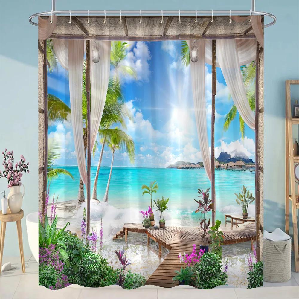 Simulation Window Beach Forest Outdoor Shower Curtain Tropical Seaside Landscape Bohemian Cloth Hanging Curtains Bathroom Decor