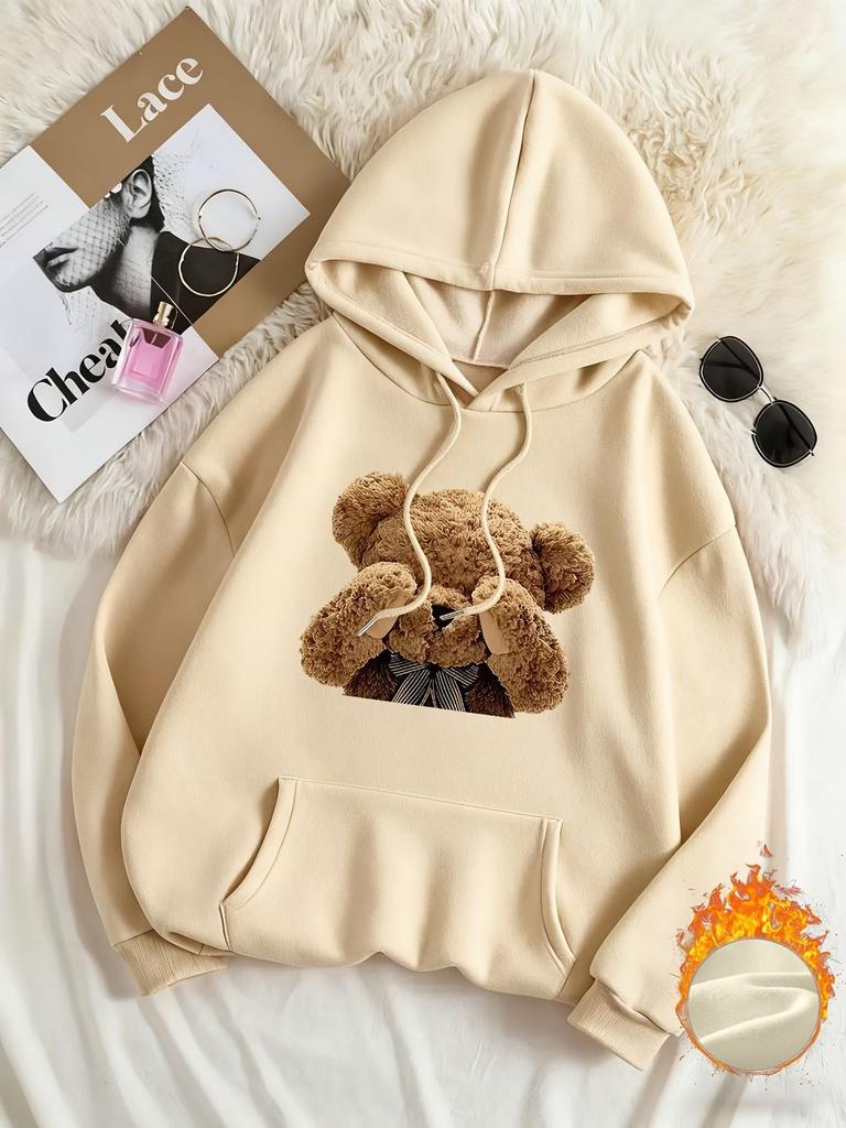 Women's eye-covering teddy bear print hooded sweater autumn and winter velvet loose oversize women's hoodie