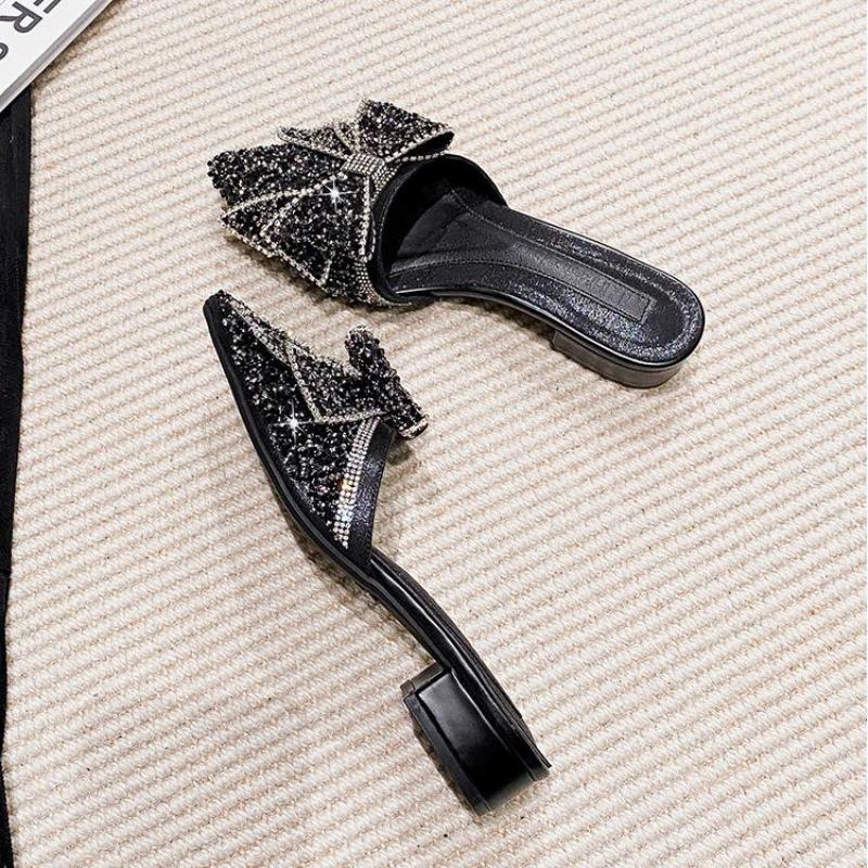Fashion Summer New Shoes for Women Pointed Toe Slipper Glitter Bowknot Outdoor Casual Sandals Girl Heels Mules Shoes Zapatos De Mujer