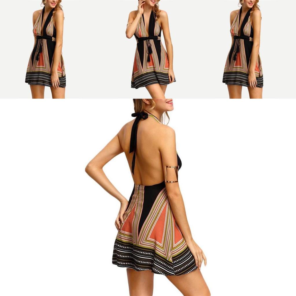 Sexy Deep Vneck Hanging Neck Short Skirt Womens Backless Beach Dress With Cotton Blend Fabric