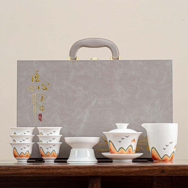 Suet jade tea set, kung fu set, white porcelain office household teapot cover bowl teacup