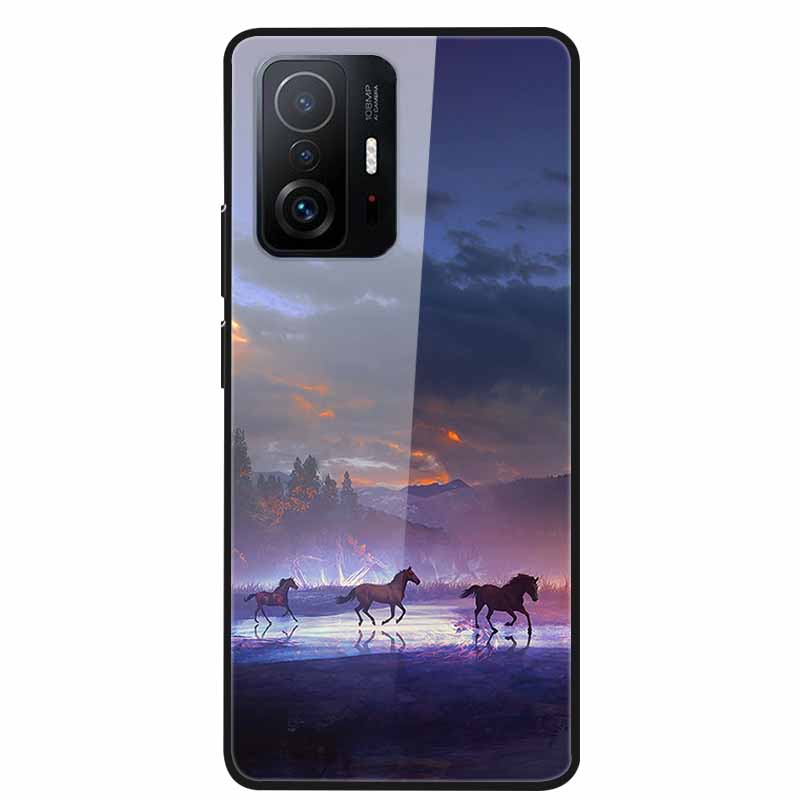 For Xiaomi 11T Pro Glass Case Hard Tempered Glass PC Cover Phone Case For Xiaomi Mi 11T 11 T Pro Shockproof Cartoon Funda Coque