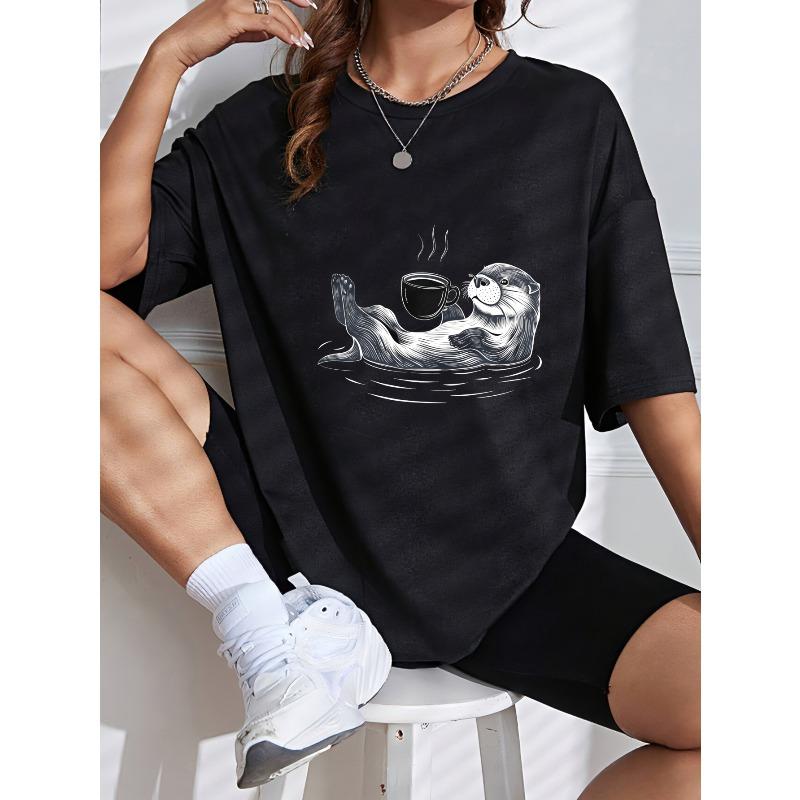 Crew Neck T Shirt White Otter Drinking Coffee Print Casual Wear For Women Summer Outfit Daily Style