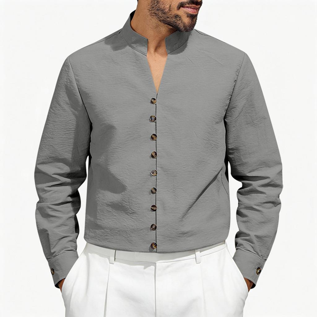 Men's Low Round Neck Tang Button Up Shirt Loose And Casual Jacket