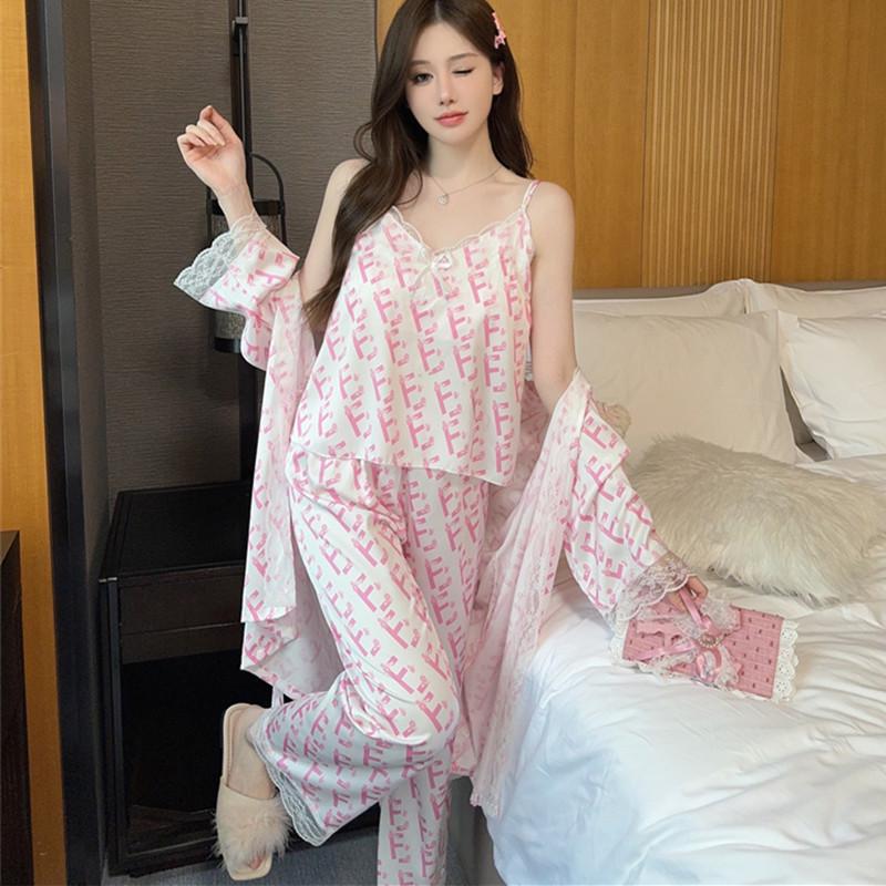 New Pajamas Women's Ice Ribbon Chest Pad Pure Desire Sexy Suspender Three-piece Pajama Silk Loungewear
