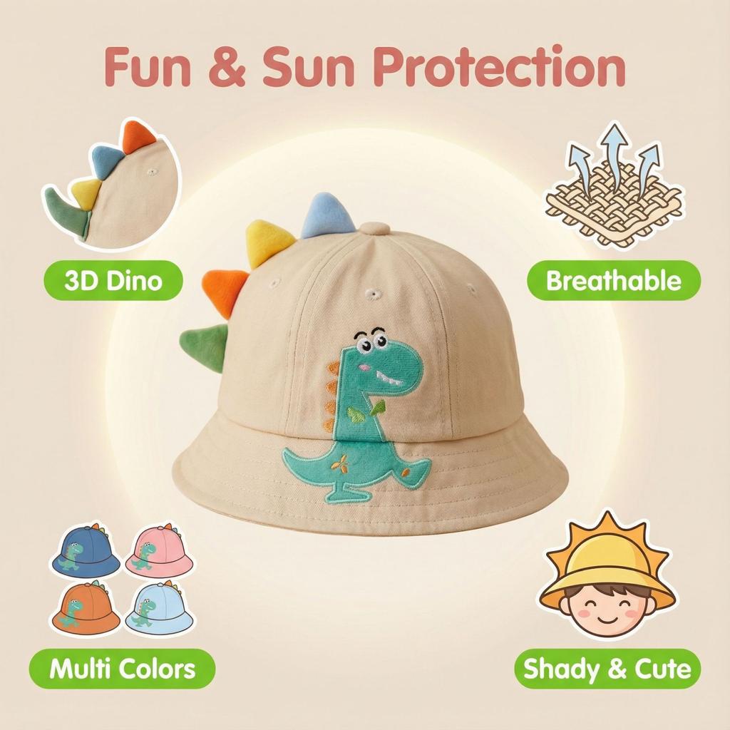 Cute and Adorable Little Girl Sun Hat - Dinosaur Style Children's Fisherman Hat - New Style for Summer and Spring - Boys' Sun Protection Hat