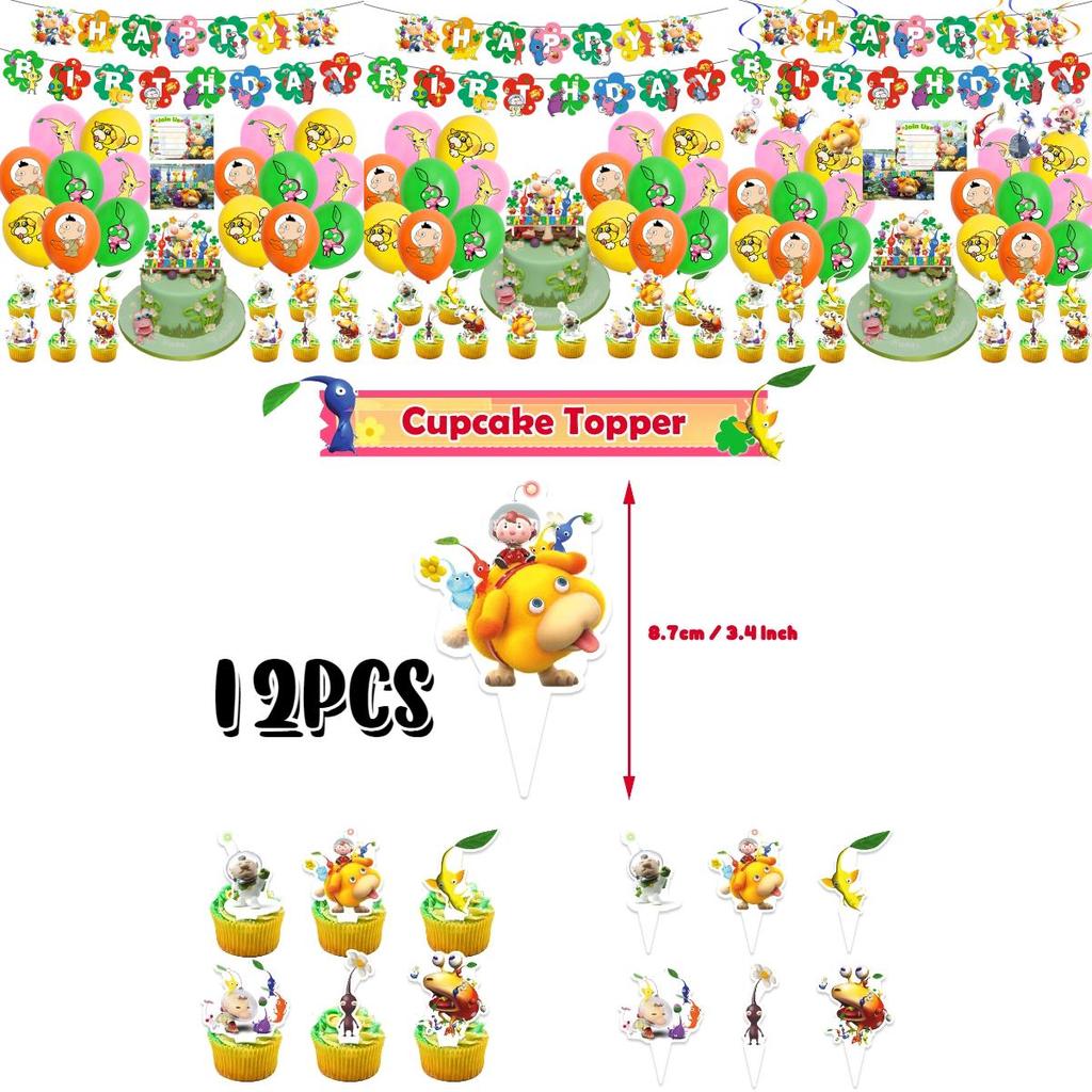 Pikmin-4 Birthday Party Decoration Set Paper Banner Balloons Cake Topper Cupcake Toppers And More!