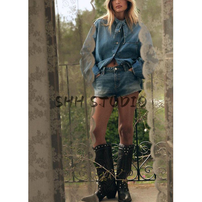 Spring New Women's Clothing French Pleated Design Shoelace Denim Long Sleeves Retro Lapels Shirt 8197061