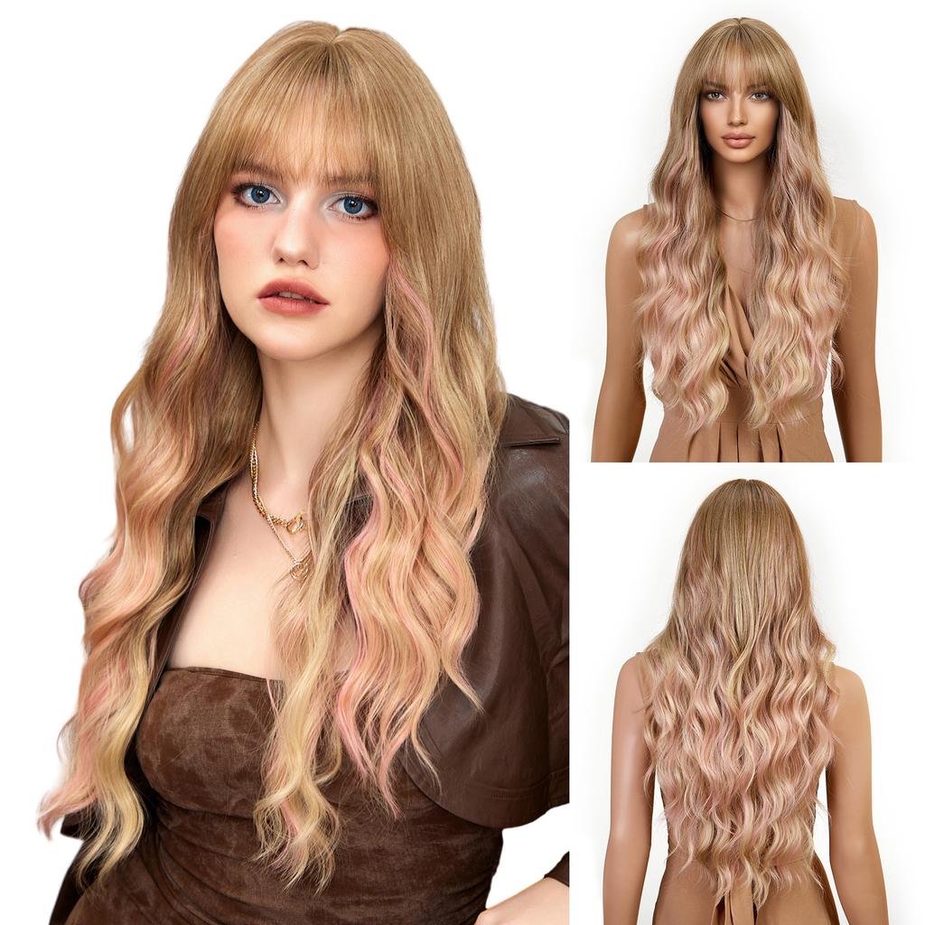 Qi Bangs Platinum Barbie Wind Big Wave Long Curly Hair Fluffy Facial Wig Full Headgear Wig