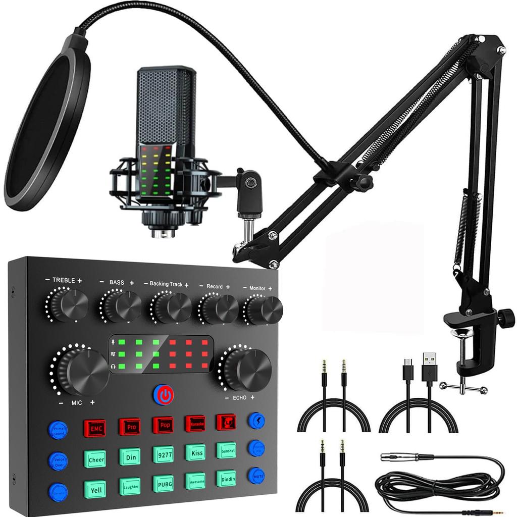 Home Karaoke Voice Sound Streaming Contunned V8 Sound Card with Condenser Mic PA Recording Digital Mixer for Live Streaming on and and Japanese