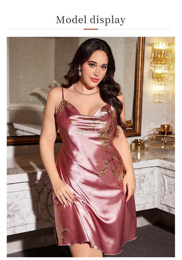 Danny Lin Plus Size Faux Silk Camisole Dress – Spring/Summer Printed Pajamas for Women