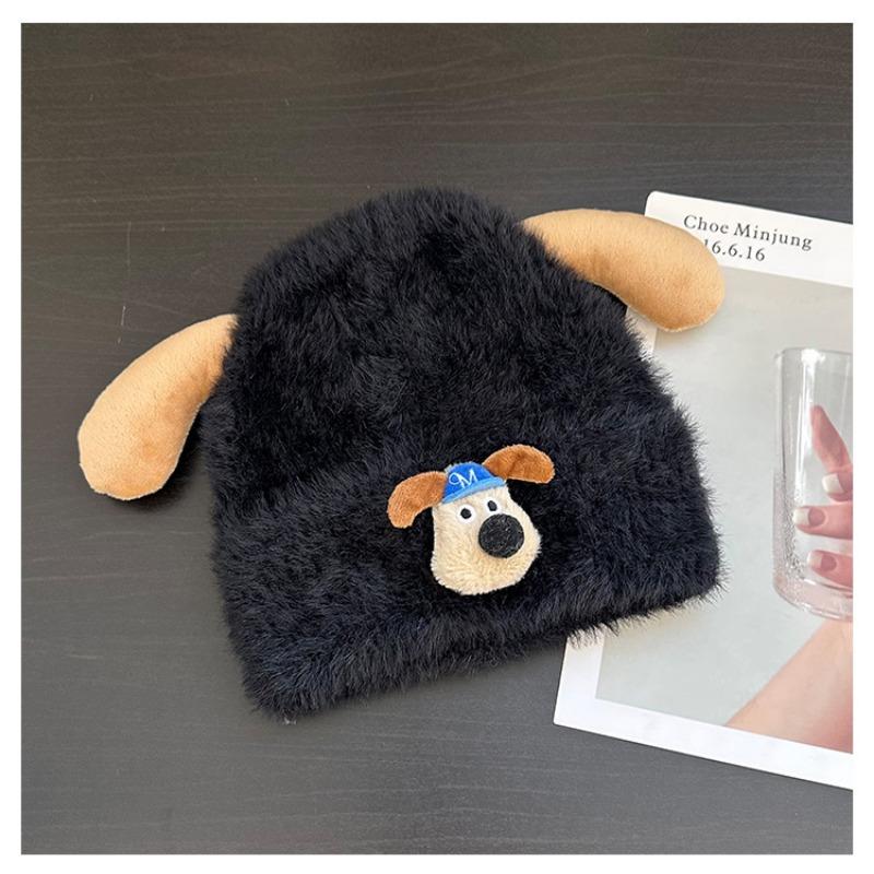 

Милая и очаровательная мультяшная плюшевая шапка-щенок для женщин, осенне-зимняя утолщенная теплая шерстяная вязаная шапка-мешок на голову, шапка с защитой ушей M（54-58cm） чёрный