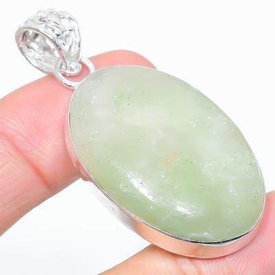 Natürlicher Prehnit-Edelstein, handgefertigter Anhänger aus 925er Sterlingsilber, 5,3 cm, Q0C58