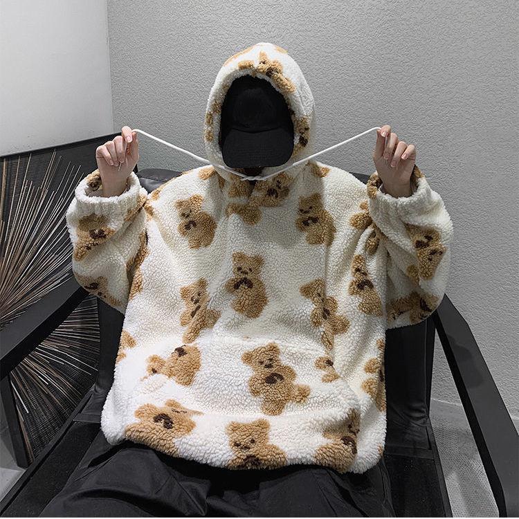 Moletom Pelúcia Quente de Inverno com Estampa de Ursinho para Homens Pullovers Doces de Pelúcia Quentes de Inverno Moletom Solto Estilo Coreano Vintage