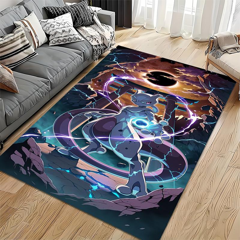 Pop Culture Area Rug, Mewtwo Pokemon Torii Gate Eclipse Lightning Poster, Playroom Decor, Non-Slip Mat
