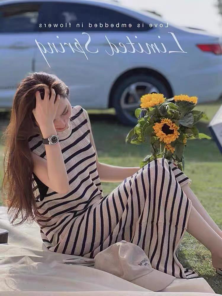 Women's Sleeveless Striped Knit Dress - Loose Long Slit Style, Round Neck, Slimming and Versatile, 2026 Summer New Arrival.