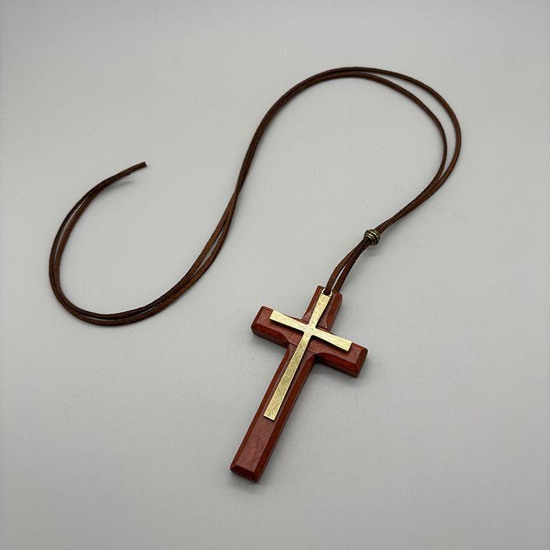 Vintage Retro Alloy Wood Cross Pendant Unisex Sweater Chain Necklace