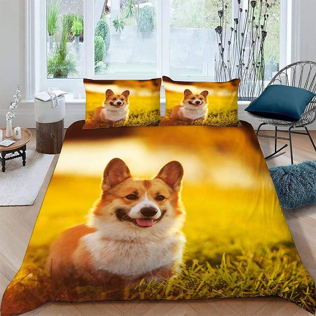 Corgi Bettbezug-Set King Queen Größe Polyester Bettdeckenbezug für Kinder Jungen Mädchen Bettwäsche-Set mit Kissenbezug Niedlicher Kawaii Hund