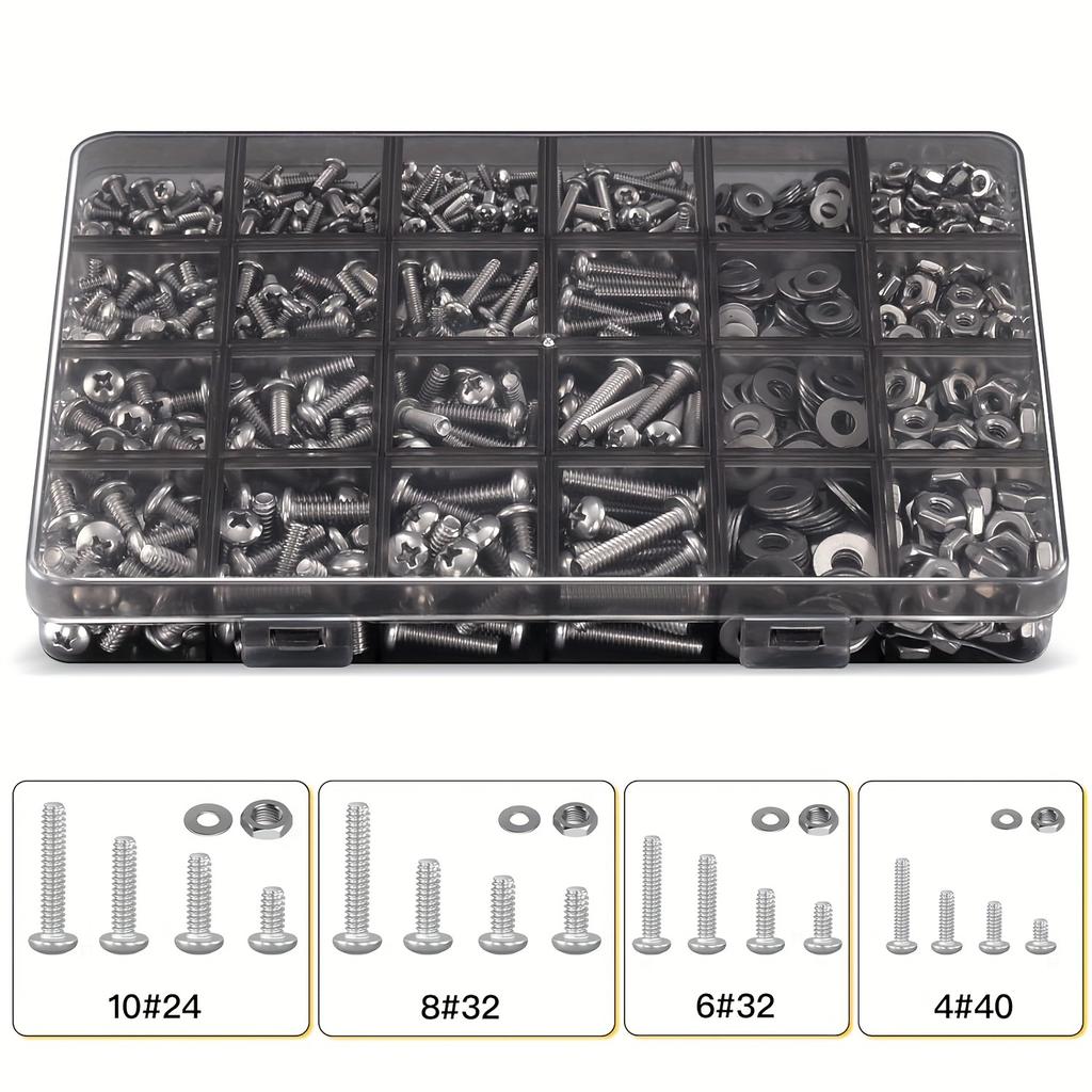 710pcs Stainless Steel Nuts & Bolts Kit with Flat Washers, Phillips Pan Head, #4 To #10 Sizes In Durable Storage Case