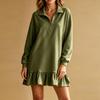 Women Autumn Winter Solid Color Half Zip Polo Collar Dress Soft Ruffle Hem Long‑Sleeve Loose Fashion Casual Inner Wear Mini Dress