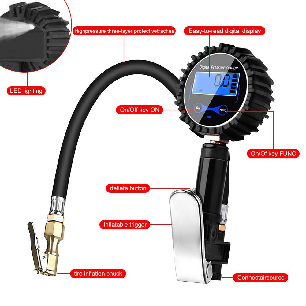 Universal Inflation Monitoring Manometer Air Line Clip-on Tyre Pump Aluminum Alloy Tire Pressure Inflator Gauge LCD Digital