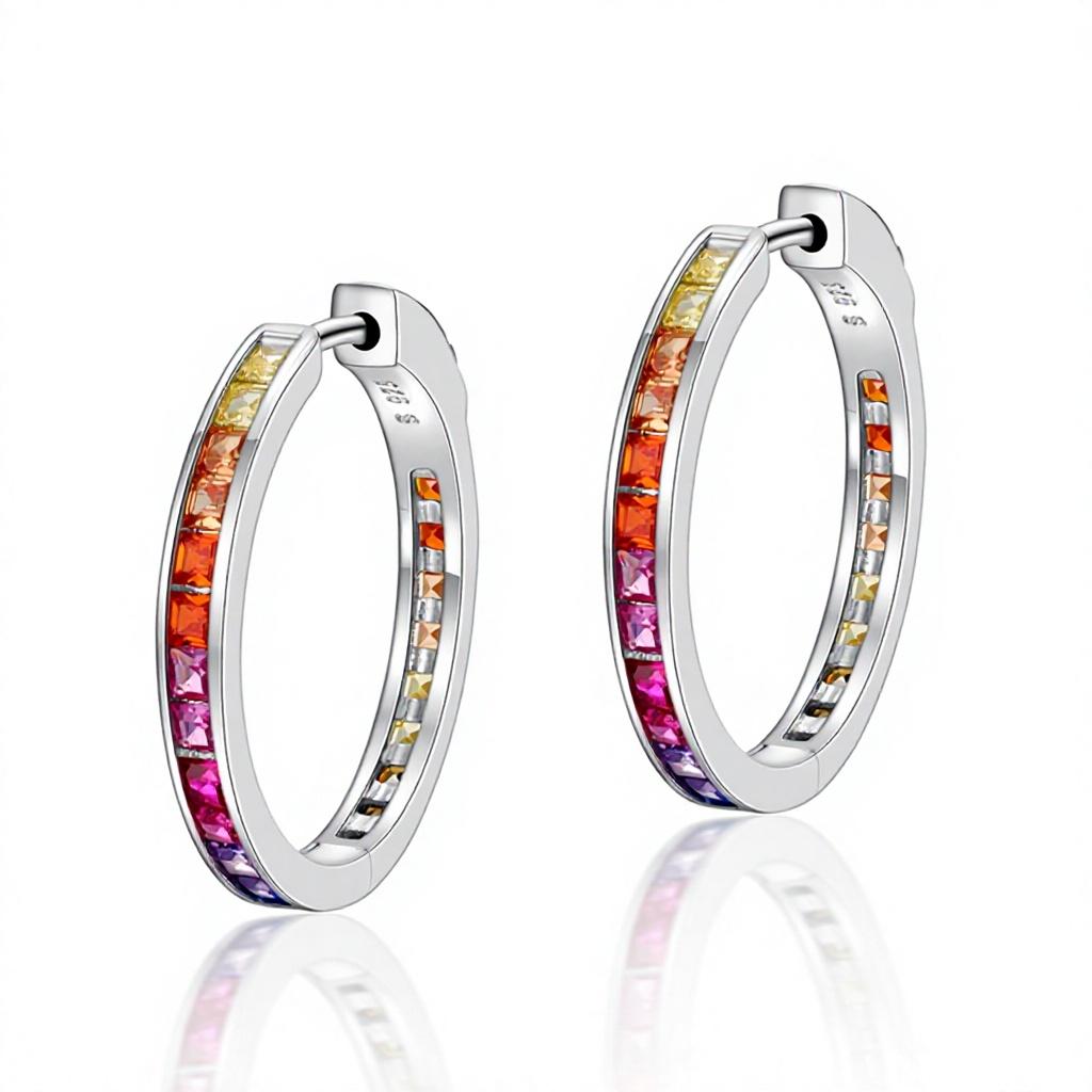 Fashion Rainbow Jewelry Custom CZ 925 Sterling Silver Rhodium Plated Rainbow Color Cubic Zirconia Hoop Huggie Earrings for Women