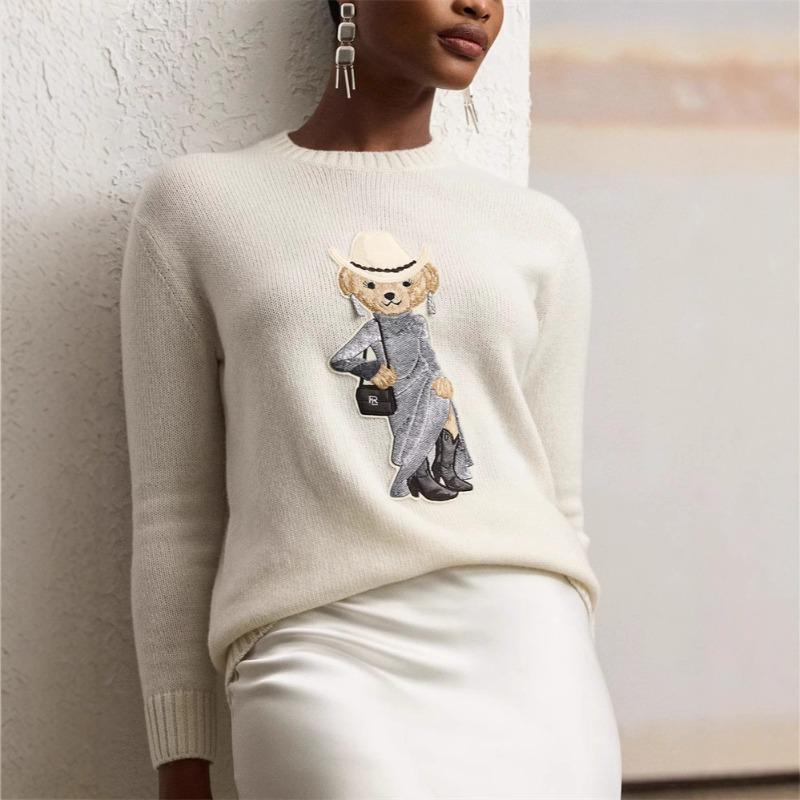 New Women s Round Neck Bear Cartoon Casual Loose Sweater Raff Cashmere Sweater for Women S белый