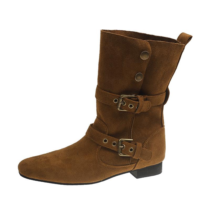 Pointed Low-heeled Small Short Boots Women's Shoes 2025 New Spring and Autumn Single Boots Retro Belt Buckle Medium Tube Pants Tube Boots