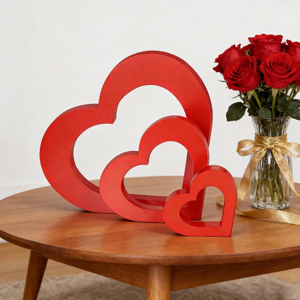 4 Pcs Wooden Heart Shape Table Signs Valentine's Day Red Pink Love Heart Tabletop Centerpiece for Home Decor