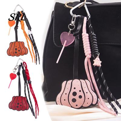 Halloween Party Favor Faux Leather Pumpkin Keychain Pendant, Bag Charm with Rustic Decor Braided Rope, Decorative Accessory for Backpacks Handbags