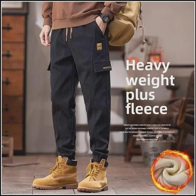 2024 Men's American-Style Fashion Overalls: Versatile, Loose, Warm Plus Velvet Casual Pants for Autumn and Winter.