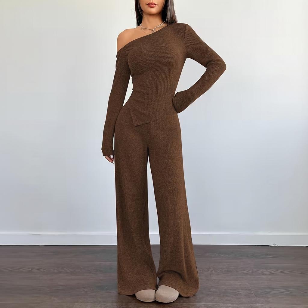 Women's 2-Piece Off-Shoulder Long Sleeve Top and Elastic Waist Pants Set, Color Irregular Hem Casual Outfit for Daily Wear