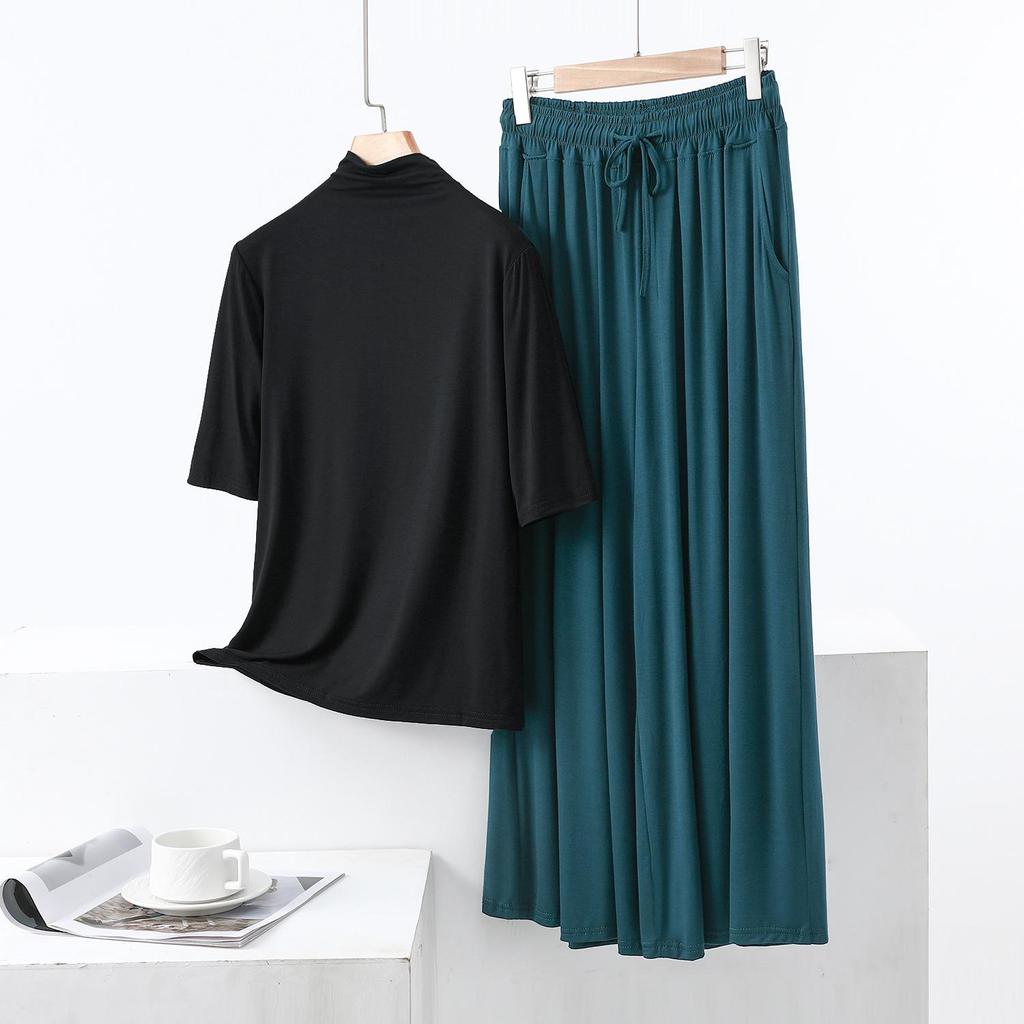 Modal Semi-High Neck Five-Sleeve Shirt & Pocket Wide-Leg Pants Casual Plus Size Two-Piece for Women