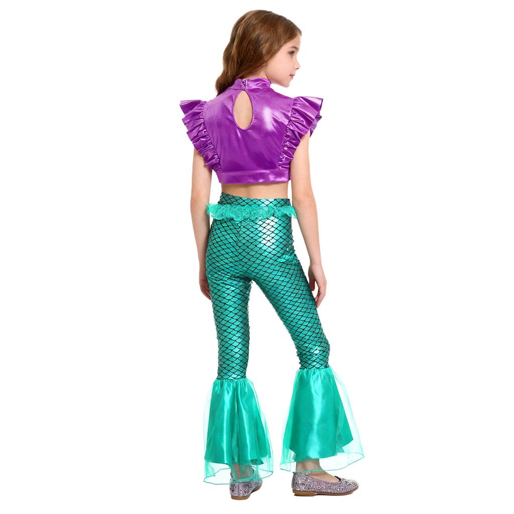 Costume da Sirena per Bambini 2 Pezzi Canotta Metallizzata Senza Maniche con Strass Crop Top Arricciato con Elastico in Vita Pantaloni a Zampa Arricciati Stampa a Squame di Pesce