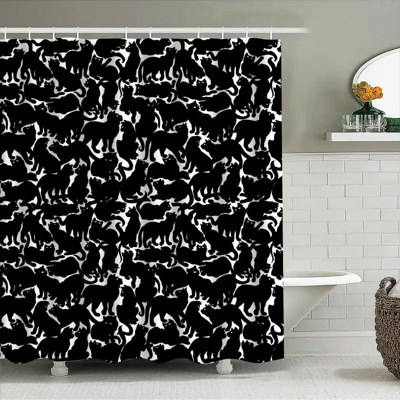 Black White Silhouette Cat Shower Curtain Set For Bathroom Decor Modern Home Accents