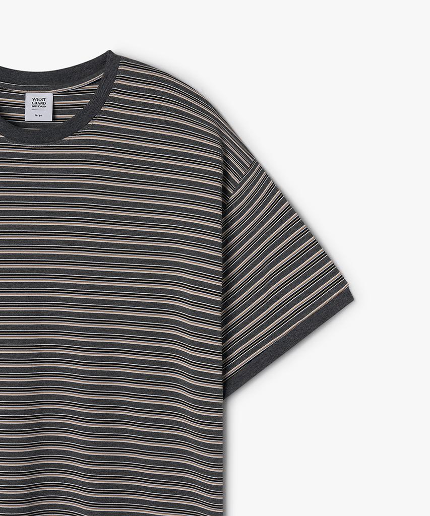 WEST GRAND BOULEVARD Semi-Over Multi-Stripe Ringer T-Shirt Mono Grey