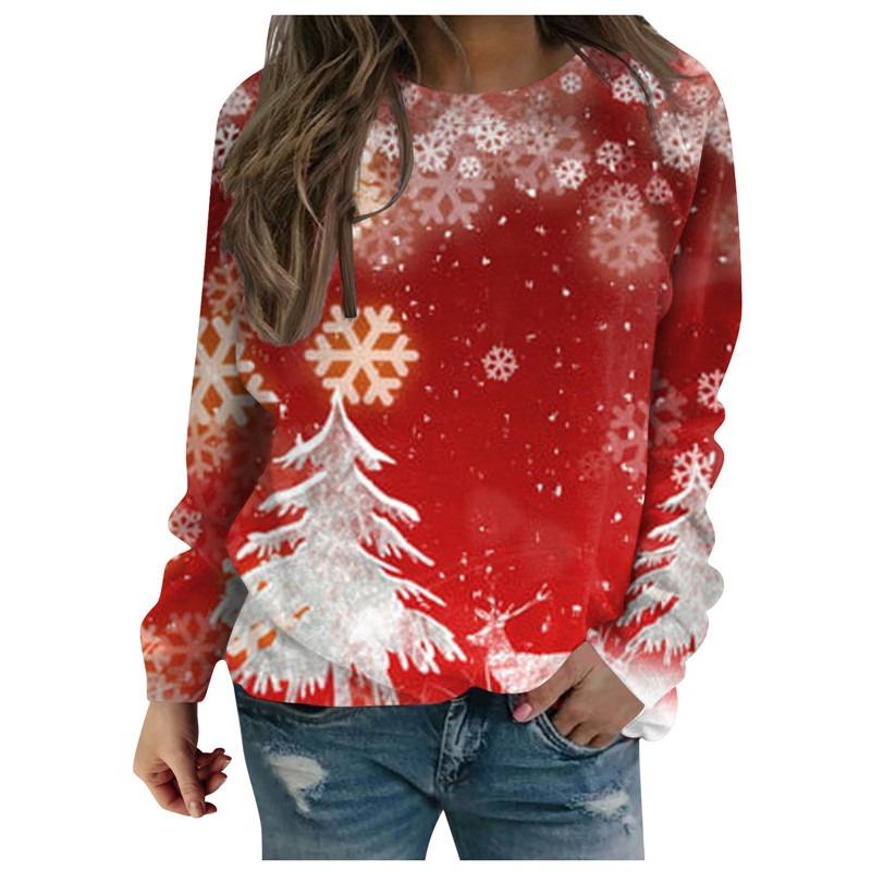 Christmas Decorations Pattern Women Red T-Shirts Autumn Winter Long Sleeve 3D Snowflakes Print