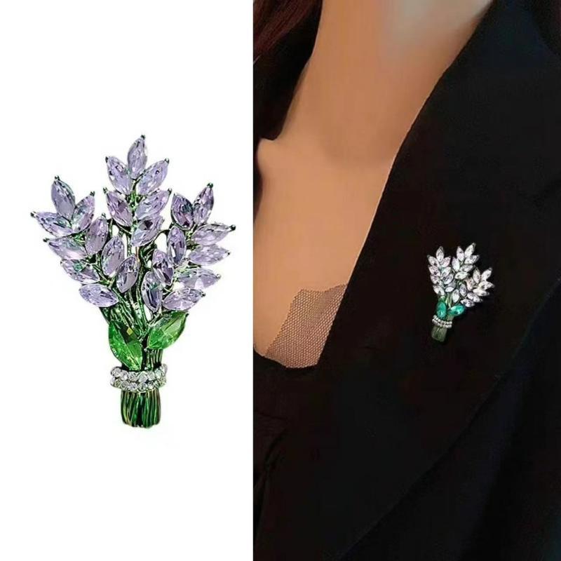 Purple Lavender Brooch for Women Shiny Crystal Decor Hypoallergenic Lapel Pin Suitable for Daily Wear Office Banquet