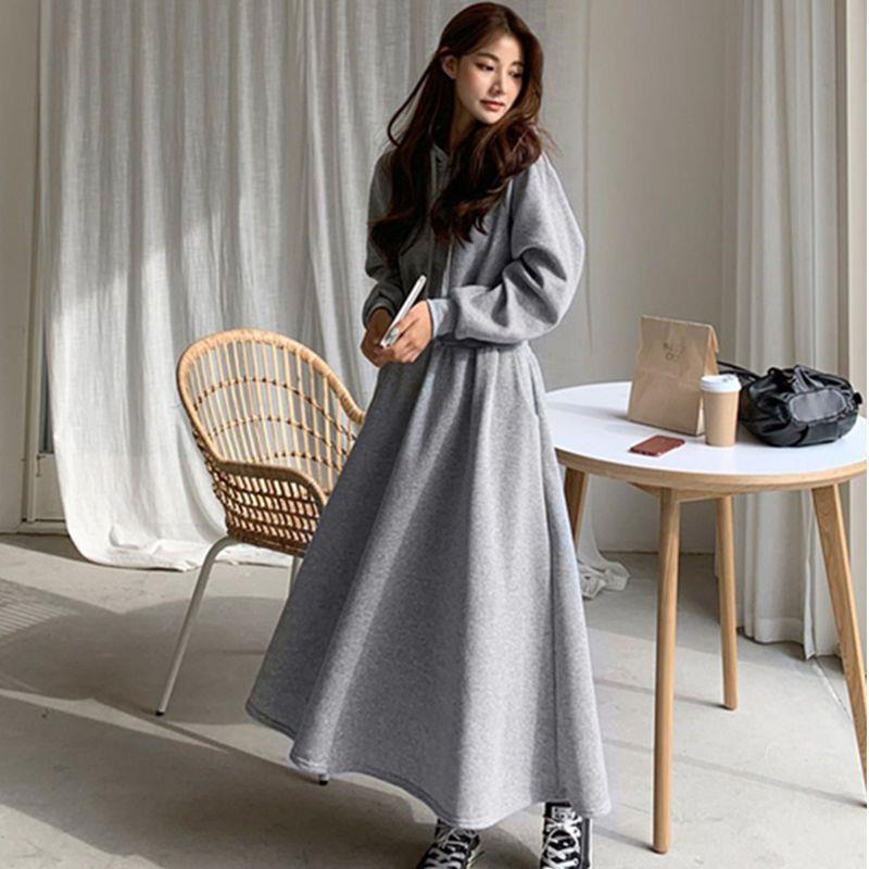 Korean Style Plus Size Hooded Sweatshirt Dress - Solid Color, Slimming Waist, Autumn/Winter Wear for Women