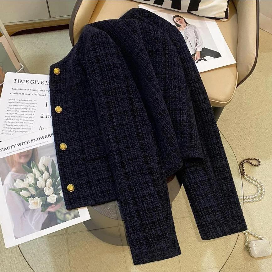 Navy blue Suit Jacket For women Spring Autumn Round neck Temperament Coat Female Short Outwear Top