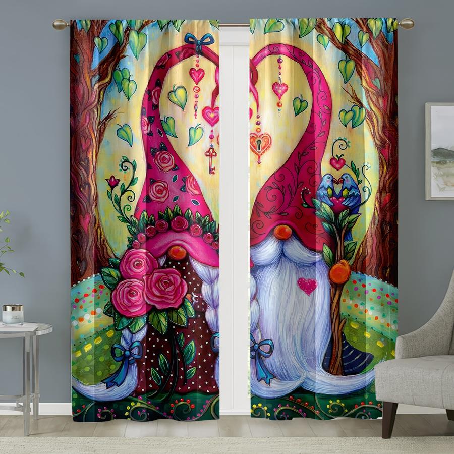 2pcs Vibrant Love Gnome & Rose Curtains, Ideal for Valentine's Day Window Decor, Whimsical Home Bedroom Living Room Decor