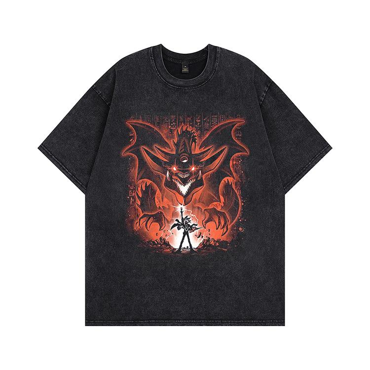 Kanye American trend retro washing water cartoon short-sleeved vintage old loose round neck men's and women's same T-shirt