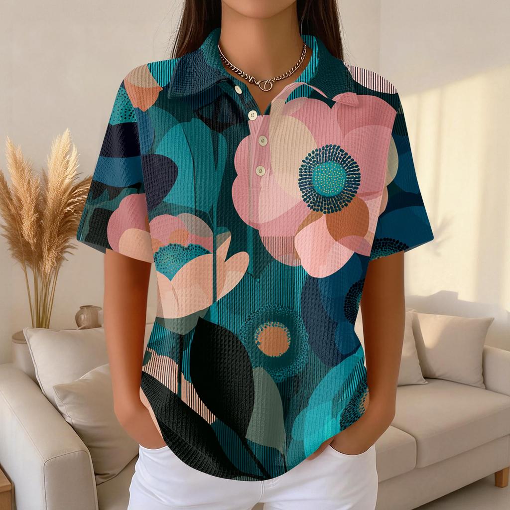 Womens Casual Short Sleeve Retro Floral Print Waffle Knit Polo Shirt Lightweight Button Down Top