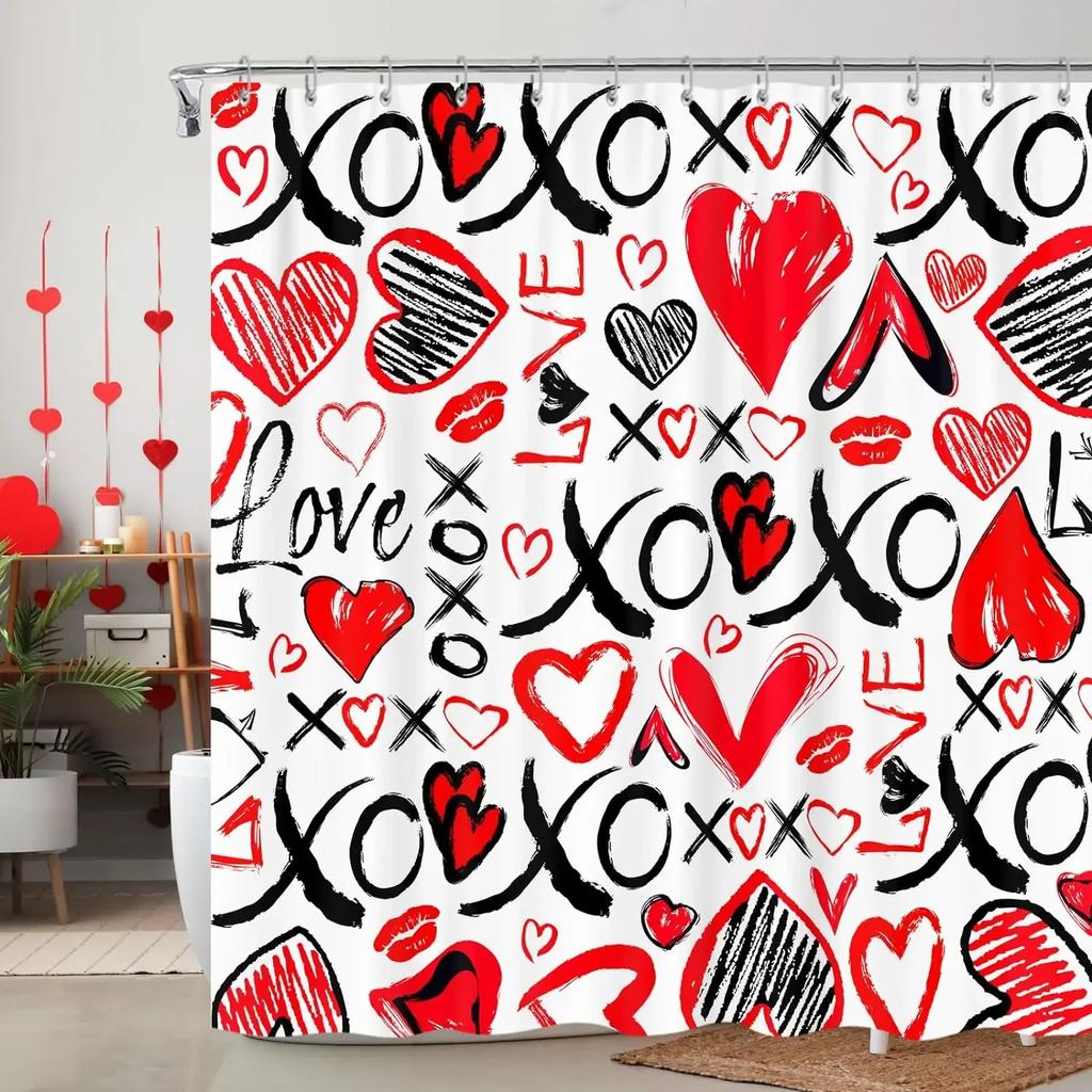 Valentine's Day Shower Curtain Romantic Red Rose Hearts Valentine's Day Genie Shower Curtain Set Shower Curtains Bathroom Decor