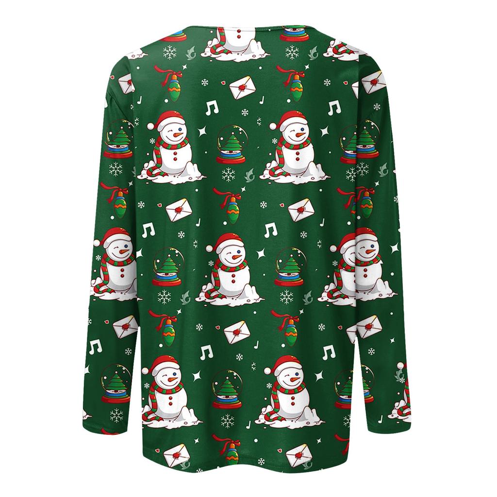 Women's Fashion Casual Long Sleeve Christmas Print Round Neck Pullover Top Blouse