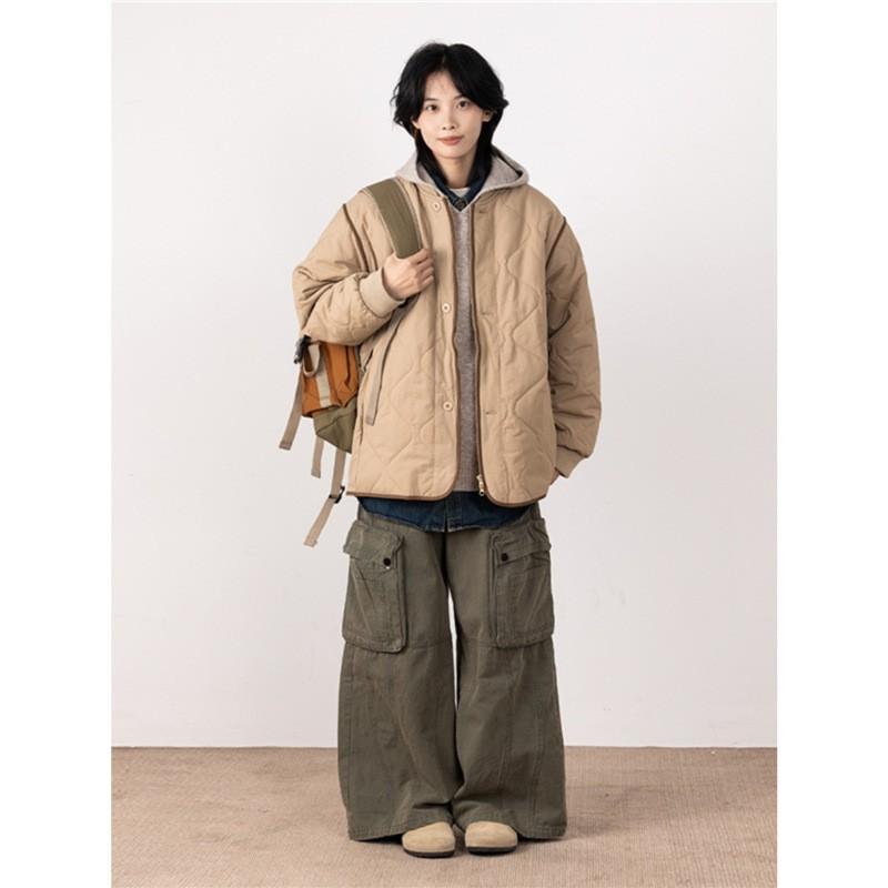 Mens Loose Fit Baseball Collar Quilted Padded Winter Jacket Japanese Style Casual Warm Coat