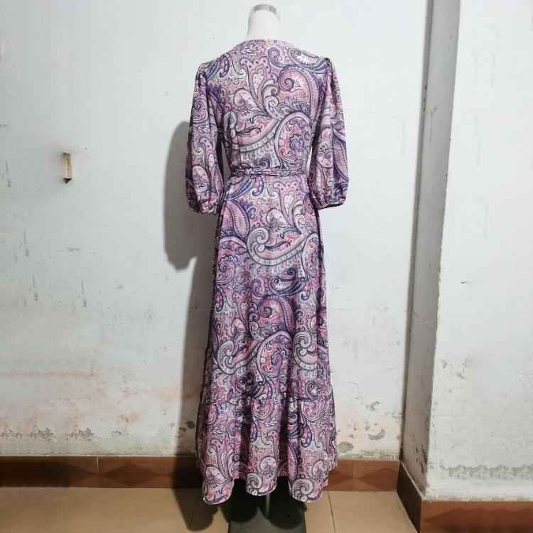 Summer Floral Print Women Dress V-Neck Casual A-Line High Waist Short Bubble Sleeve Straps Ankle-Length Slit Spring Dresses