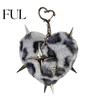 Punk Backpacks Accessory Plush Leopard Love Heart Keychain, Stuffed Keyring Pendant Print Bag Charm with Metal Star, Decorative Key Chain