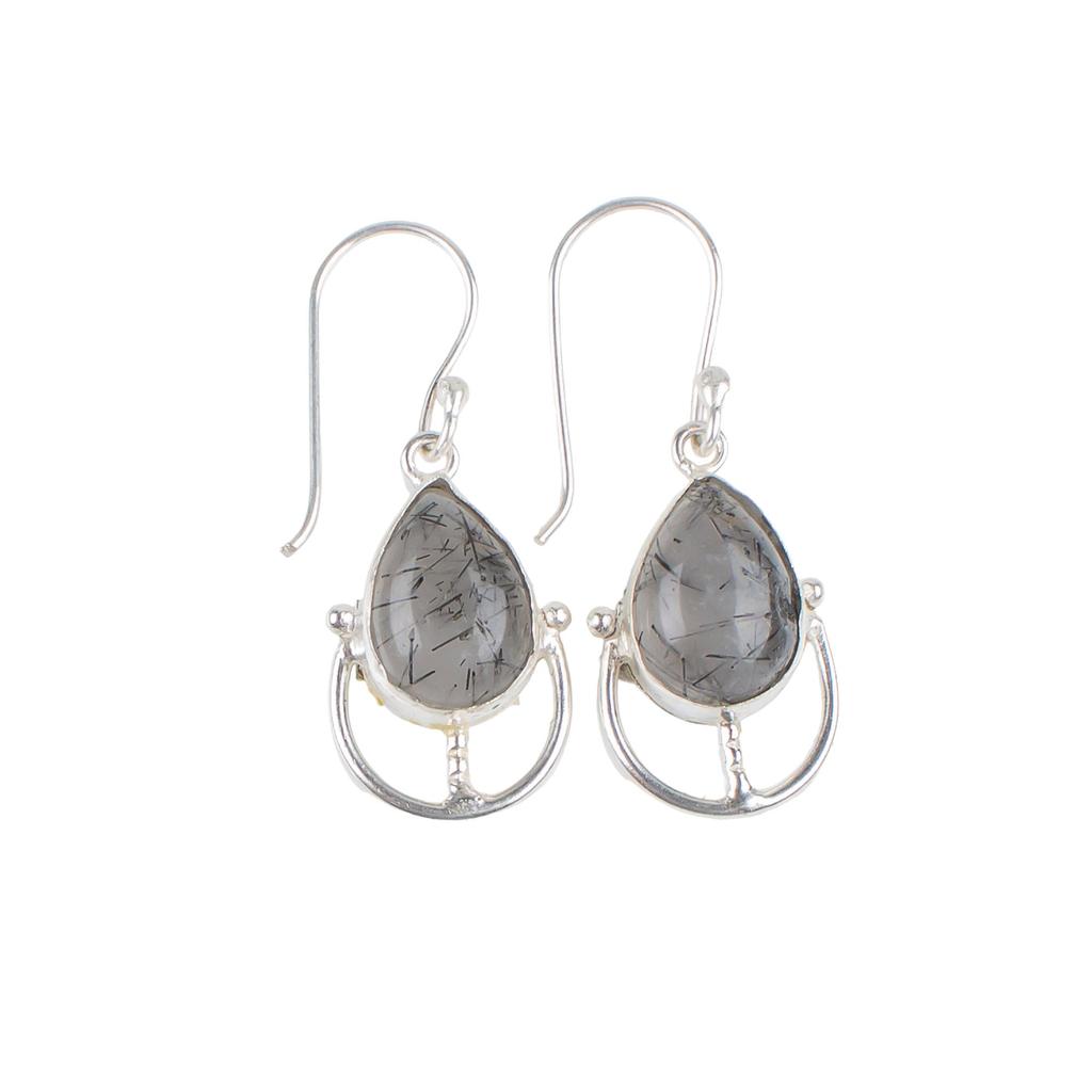 Natural Black Rutile Gemstone 925 Sterling Silver Handmade Dainty Earrings 1.60" Women's Jewelry Gift For Wife EE-47-23